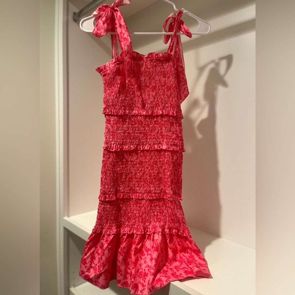 SHEIN Floral Print Dress Tie Shoulder Ruffle Hem Shirred Dress